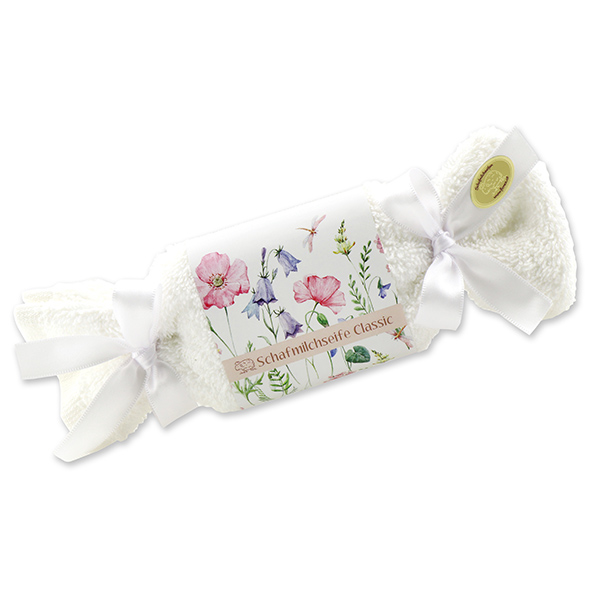 Schafmilchseife eckig 100g  im Waschlappen
'Blütenzart' mit Motiv 5, Classic 