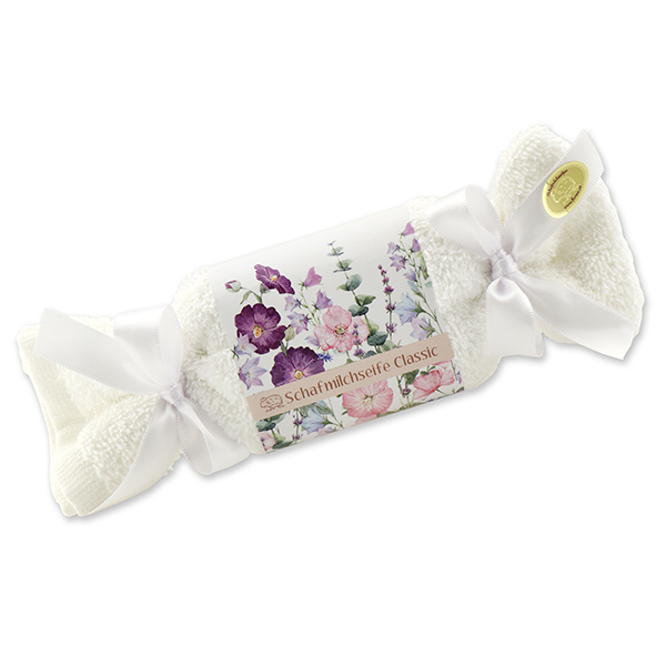 Schafmilchseife eckig 100g  im Waschlappen
'Blütenzart' mit Motiv 6, Classic 