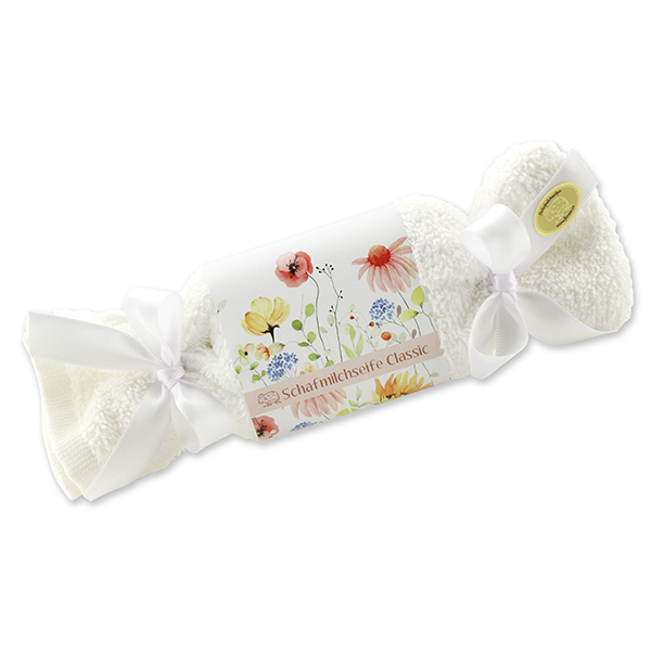 Sheep milk soap 100g in a washcloth 'Blütenzart' with design 8, Classic 