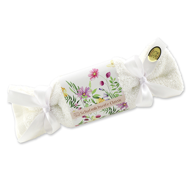 Sheep milk soap 100g in a washcloth 'Blütenzart' with design 9, Classic 