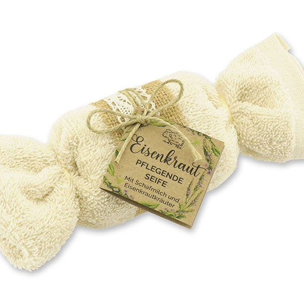 Schafmilchseife eckig 100g im Waschlappen "Wohlfühlzeit", Eisenkraut 