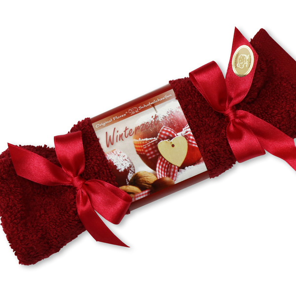 Schafmilchseife eckig 100g im Waschlappenzuckerl "Winterzeit", Granatapfel 