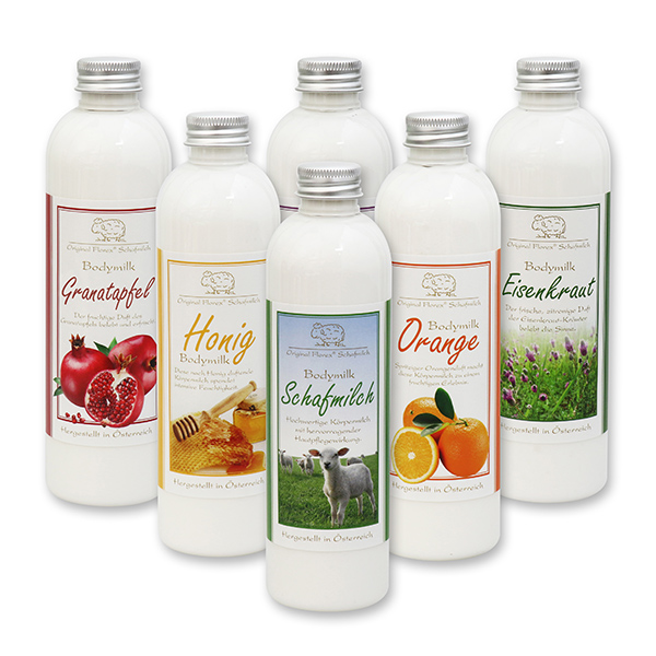 Bodymilk mit biologischer Schafmilch 250ml in der Flasche, sortiert 