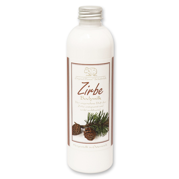 Bodymilk mit biologischer Schafmilch 250ml in der Flasche, Zirbe 