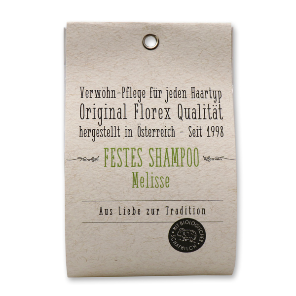 Festes Shampoo 100g eckig verpackt in Papier-Tasche,  Melisse 