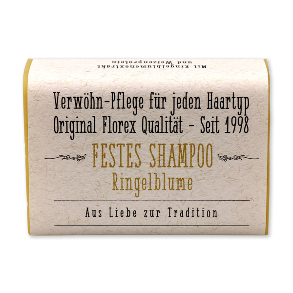 Festes Shampoo 100g eckig verpackt mit Papier-Banderole,  Ringelblume 