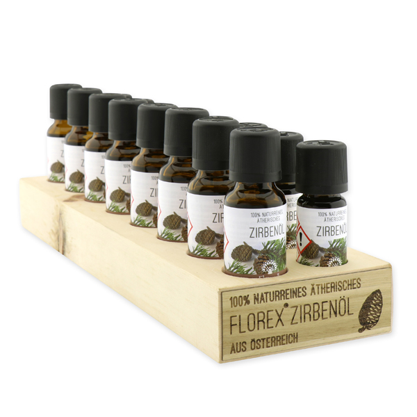Swiss pine wood display with laser engraving, filled with 8 10ml and 20ml swiss pine oils each 