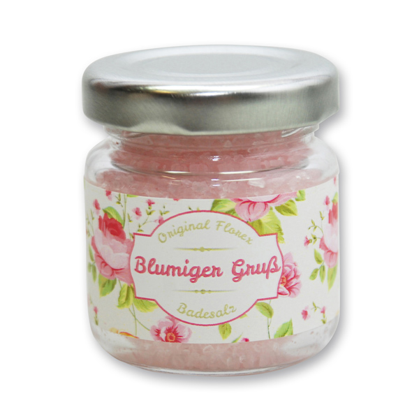Bath salt 60g in a glass jar "Blumiger Gruß", Peony 