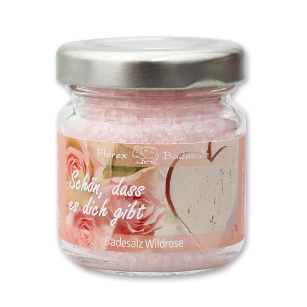 Bath salt 60g in a glass jar "Schön, dass es dich gibt", Wild rose 