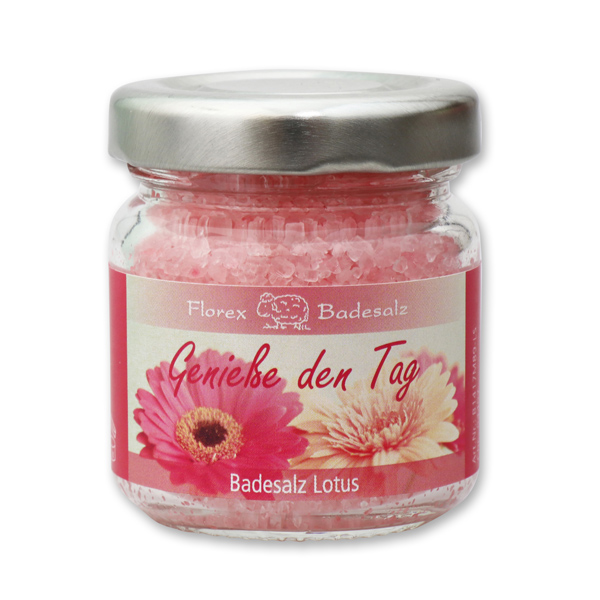 Bath salt 60g in a glass jar "Genieße den Tag", Lotus 