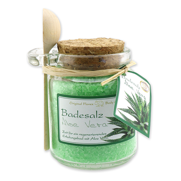 Bath salt 300g in a glass jar with a wooden spoon, Aloe Vera 