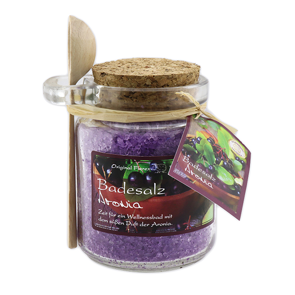 Bath salt 300g in a glass jar with a wooden spoon, Chokeberry 