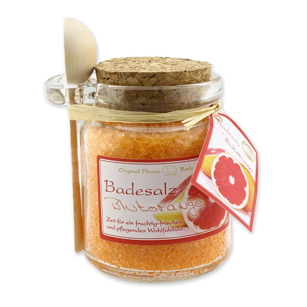 Badesalz 300g im Glas mit Holzlöffel, Blutorange 