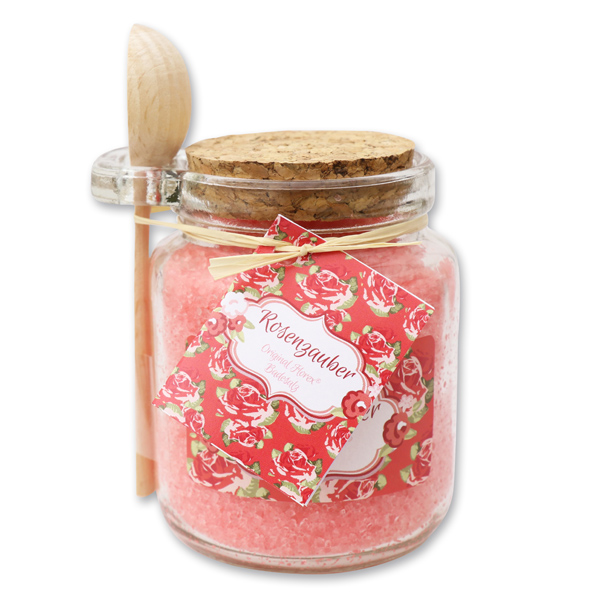 Badesalz 300g im Glas mit Holzlöffel "Rosenzauber", Rose 