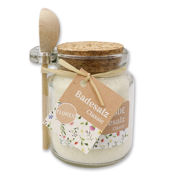 Bath salt 300g in a glass jar with wooden spoon "Lebensfreude", Classic 