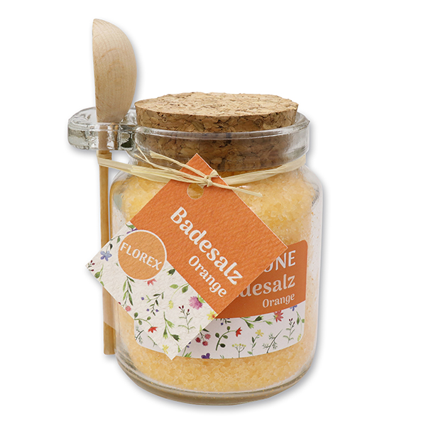 Bath salt 300g in a glass jar with wooden spoon "Gute Laune", Orange 