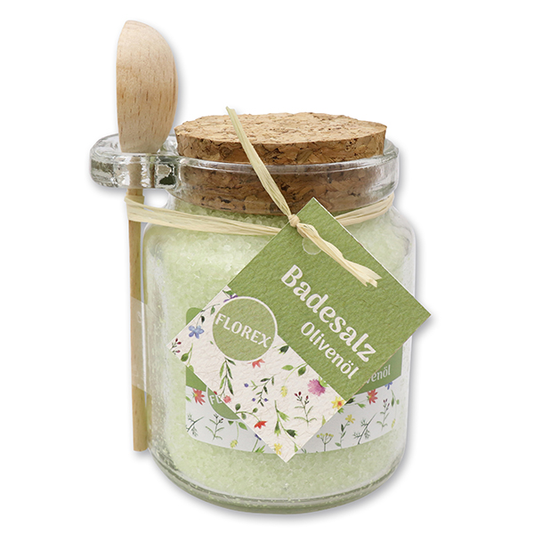Bath salt 300g in a glass jar with wooden spoon "Entspannung", Olive Oil 