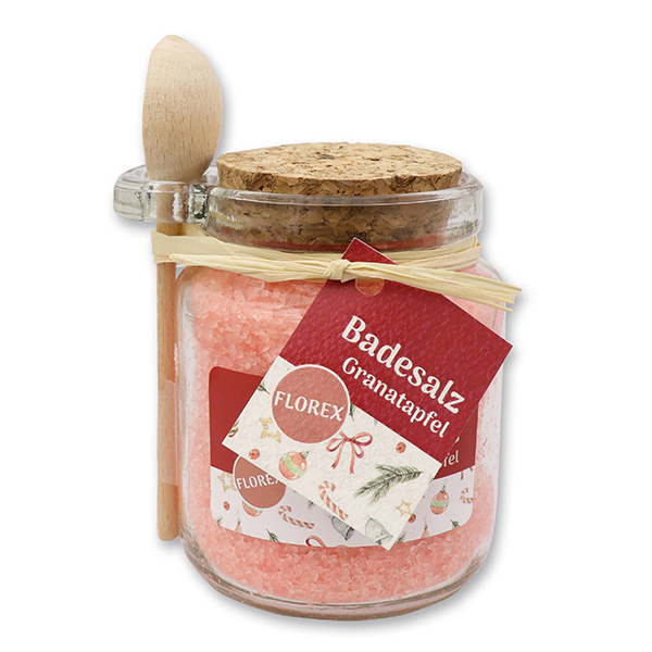 Bath salt 300g in a glass jar with wooden spoon "Frohes Fest", Pomegranate 