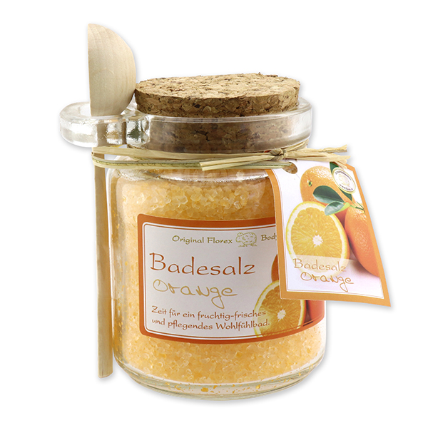 Bath salt 300g in a glass jar with a wooden spoon, Orange 