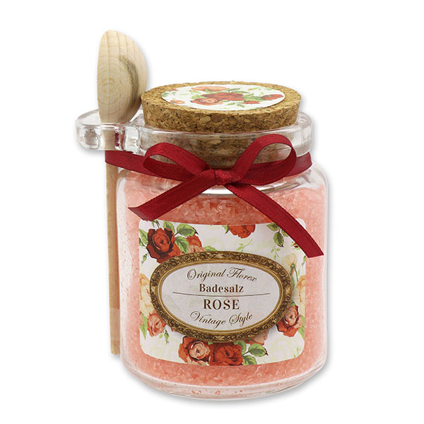 Badesalz 300g im Glas mit Holzlöffel "Vintage-Motiv 140", Rose rot 