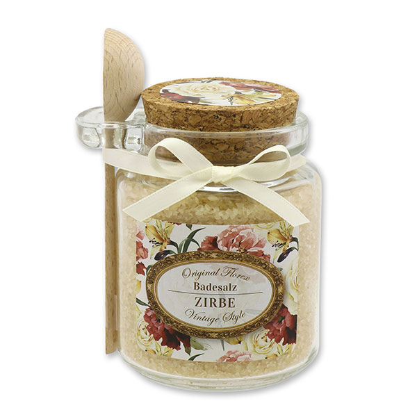 Bath salt 300g in a glass jar with a wooden spoon "Vintage motif 150", Swiss pine 
