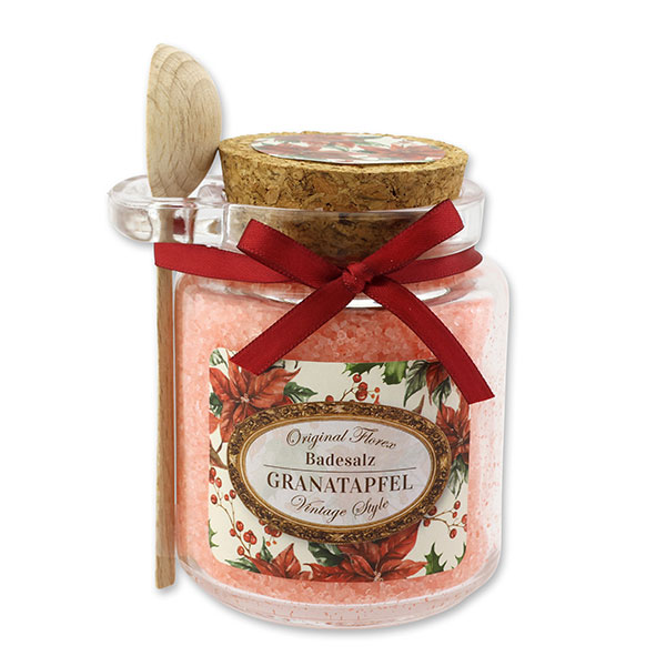 Bath salt 300g in a glass jar with a wooden spoon "Vintage motif 213", Pomegranate 