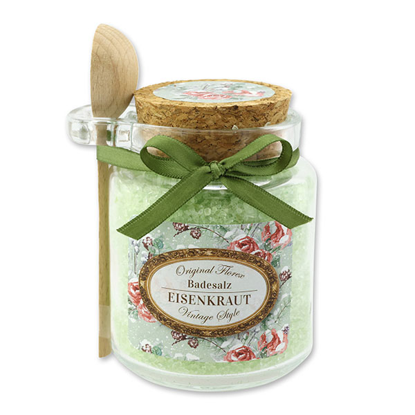 Bath salt 300g in a glass jar with a wooden spoon "Vintage motif 217", Verbena 