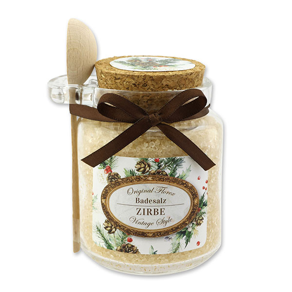 Bath salt 300g in a glass jar with a wooden spoon "Vintage motif 224", Swiss pine 