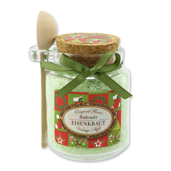 Badesalz 300g im Glas mit Holzlöffel "Vintage-Motiv 86", Eisenkraut 