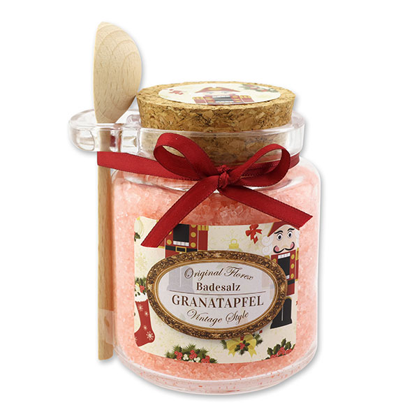 Badesalz 300g im Glas mit Holzlöffel "Vintage-Motiv 89", Granatapfel 