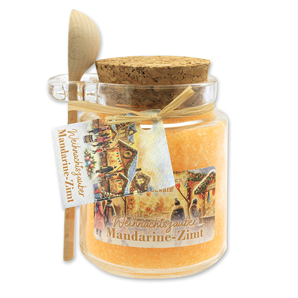 Bath salt 300g in a glass jar with a wooden spoon "Christmas magic motif 16", Tangerine-cinnamon 