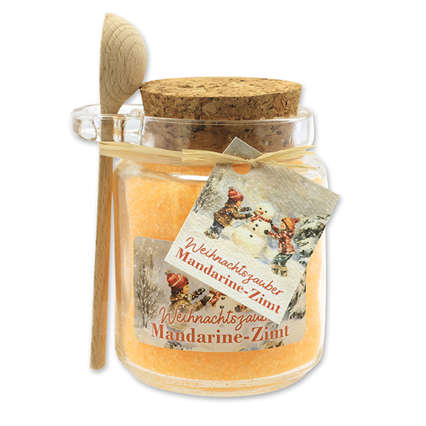 Bath salt 300g in a glass jar with a wooden spoon "Christmas magic motif 17", Tangerine-cinnamon 