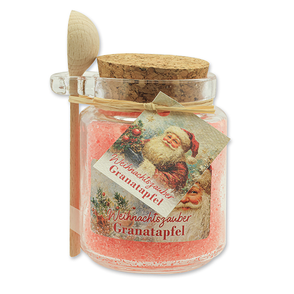 Bath salt 300g in a glass jar with a wooden spoon "Christmas magic motif 22", Pomegranate 
