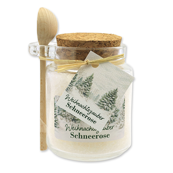 Bath salt 300g in a glass jar with a wooden spoon "Christmas magic motif 8", Christmas rose white 