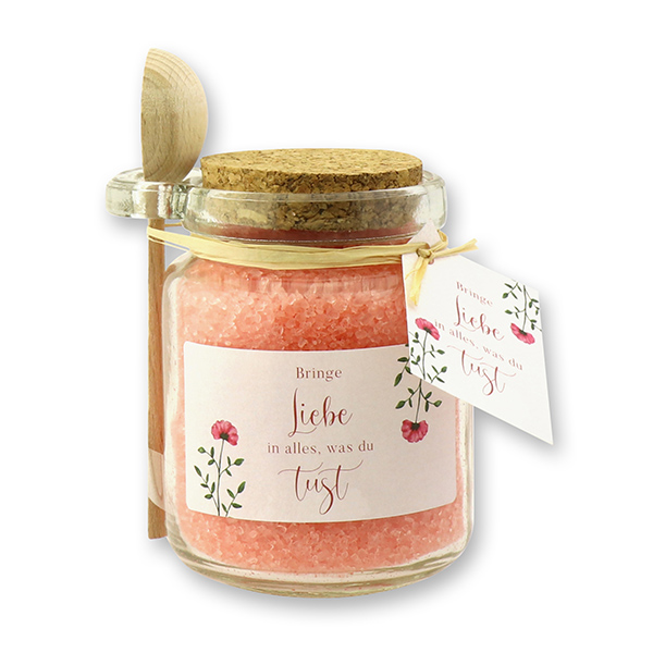 Bath salt 300g in a glass jar with a wooden spoon "Bringe Liebe in alles...", Rose 