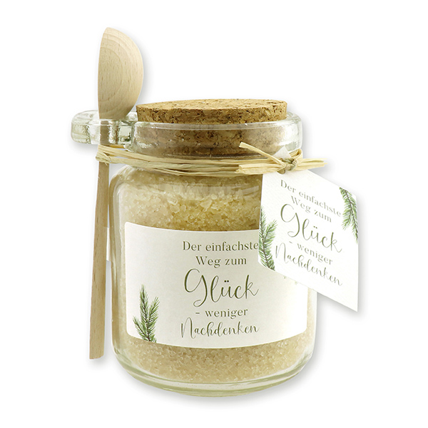 Badesalz 300g im Glas mit Holzlöffel "Der einfachste Weg zum Glück", Zirbe 