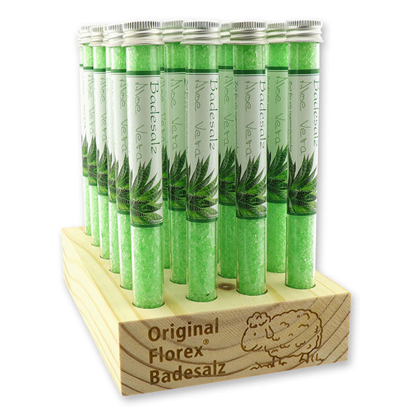 Wooden stand filled with bath salt in a vial 28g, Aloe vera 