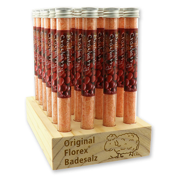 Aufsteller Holz befüllt mit Badesalz in der Phiole 28g, Cranberry 