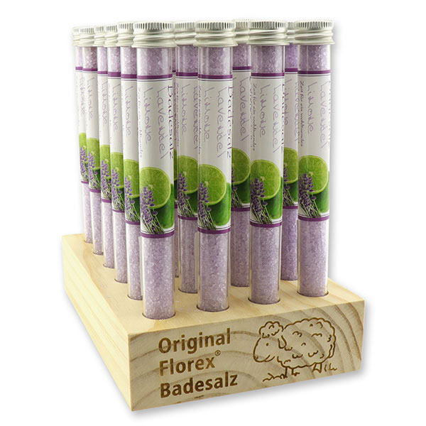 Wooden stand filled with bath salt in a vial 28g, Lavender lime 