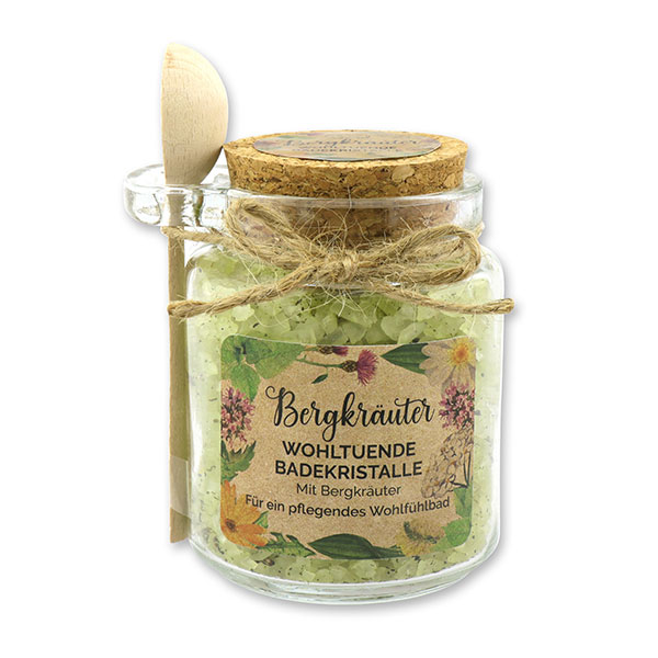 Badesalz 300g im Glas mit Holzlöffel "Wohlfühlzeit", Bergkräuter 