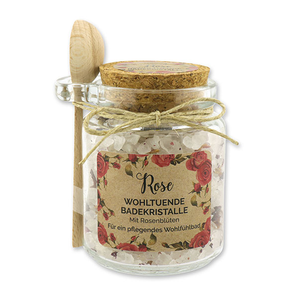 Bath salt 300g in a glass jar with a wooden spoon "feel-good time", Rose with petals 