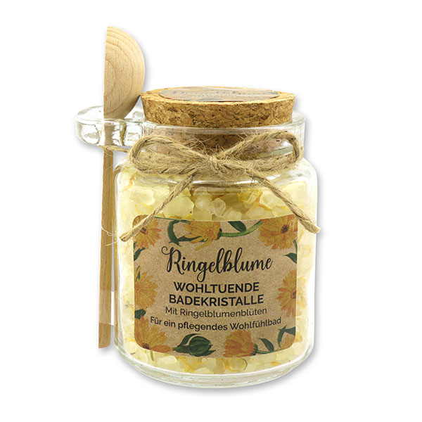 Badesalz 300g im Glas mit Holzlöffel "Wohlfühlzeit", Ringelblume 