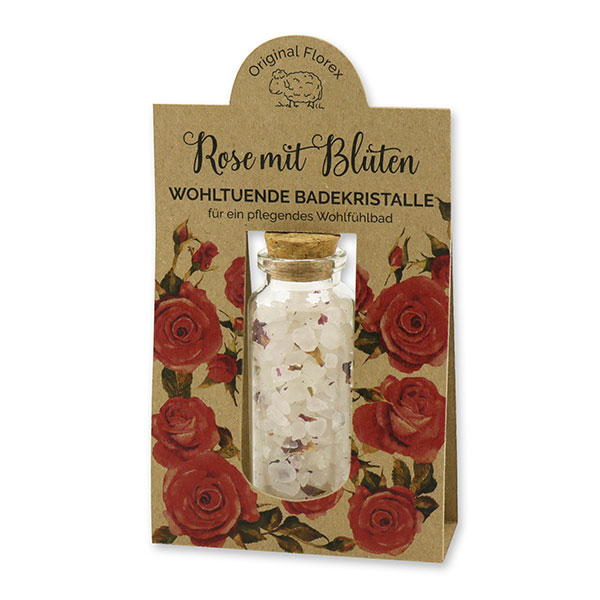 Bath salt 40g in a glass jar with a cork "feel-good time", Rose with petals 