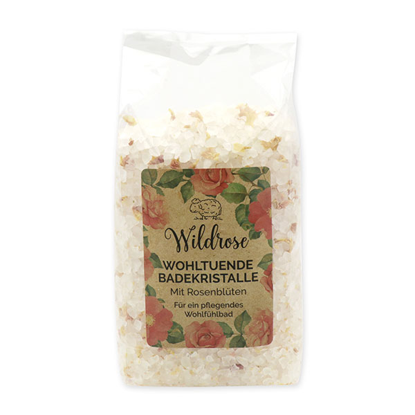 Bath salt rough 1kg in a cellophane bag, Wild rose with petals 
