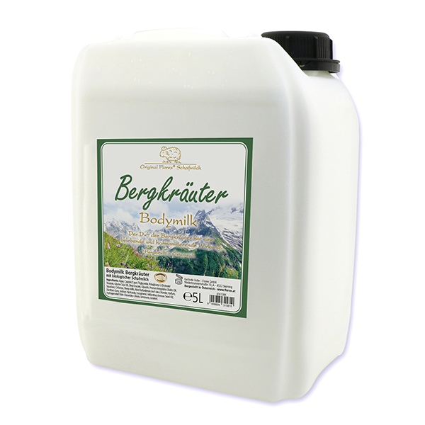 Body milk with organic sheep milk refill 5L in a canister, Mountain herbs 