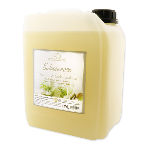Dusch- & Schaumbad mit biologischer Schafmilch Nachfüller 5L im Kanister, Schneerose 