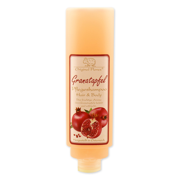 Pflegeshampoo Hair & Body mit biologischer Schafmilch 420ml im Spender für Wandhalterung, Granatapfel 