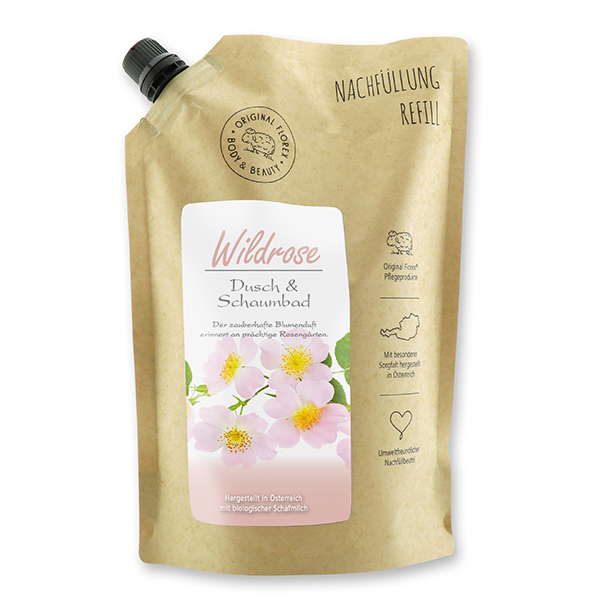 Shower- & foam bath with organic sheep milk 500ml in a refill-bag, Wild rose 