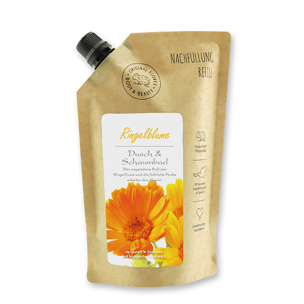 Shower- & foam bath with organic sheep milk 500ml in a refill-bag, Marigold 