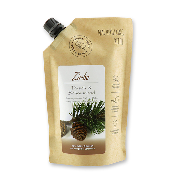 Shower- & foam bath with organic sheep milk 500ml in a refill-bag, Swiss pine 